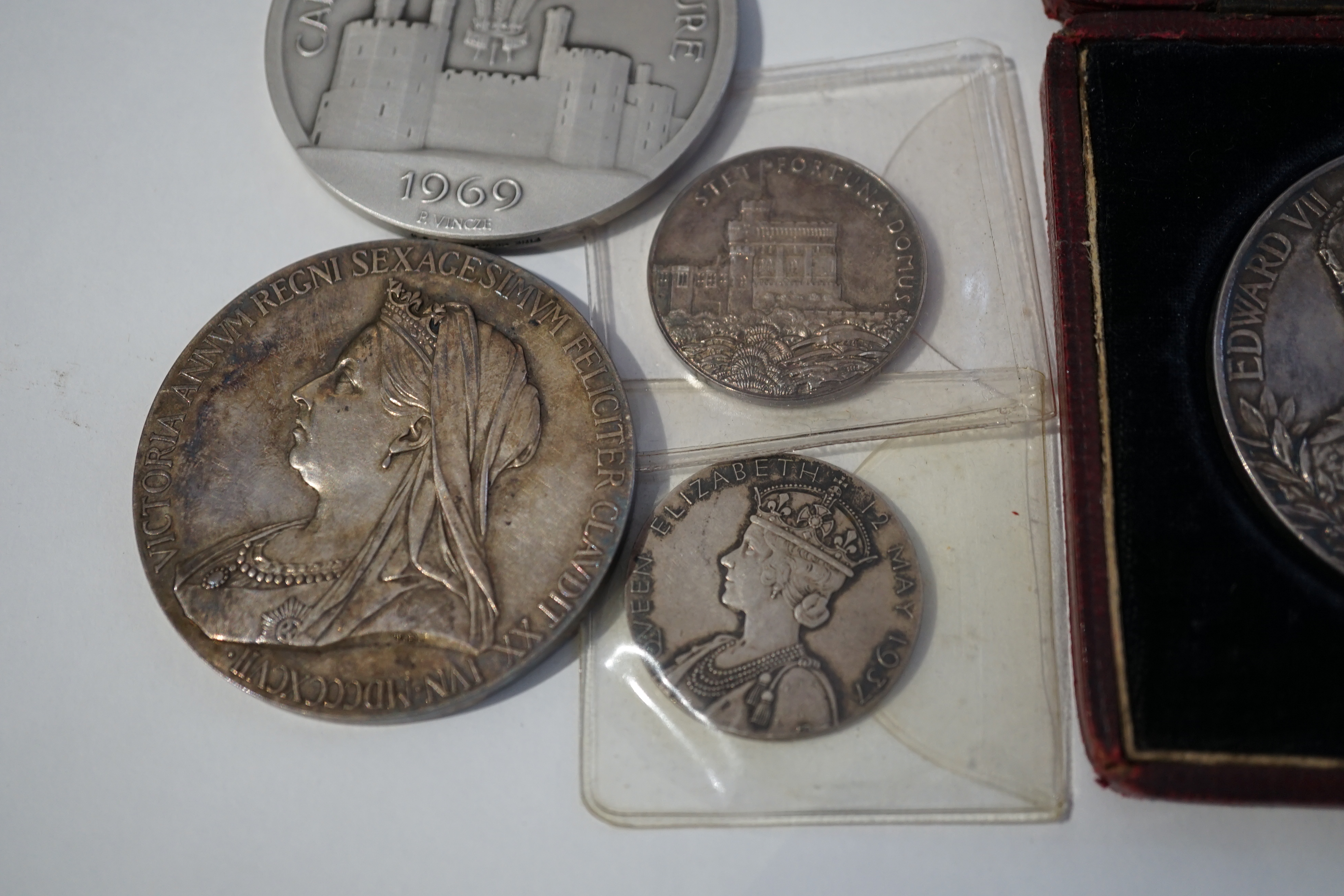 British Royal commemorative silver medals, comprising Victoria Diamond Jubilee, 1897, Edward VII Coronation 1902, cased, George V and Mary Silver Jubilee, 1935, George VI coronation 1937, Prince of Wales investiture 1969